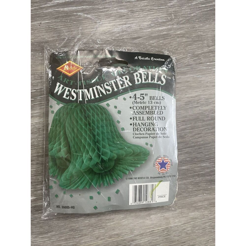 15" Beistle Westminster Bells 4pack 5โ Hunter Green TissueโHoneycomb Bells 55015